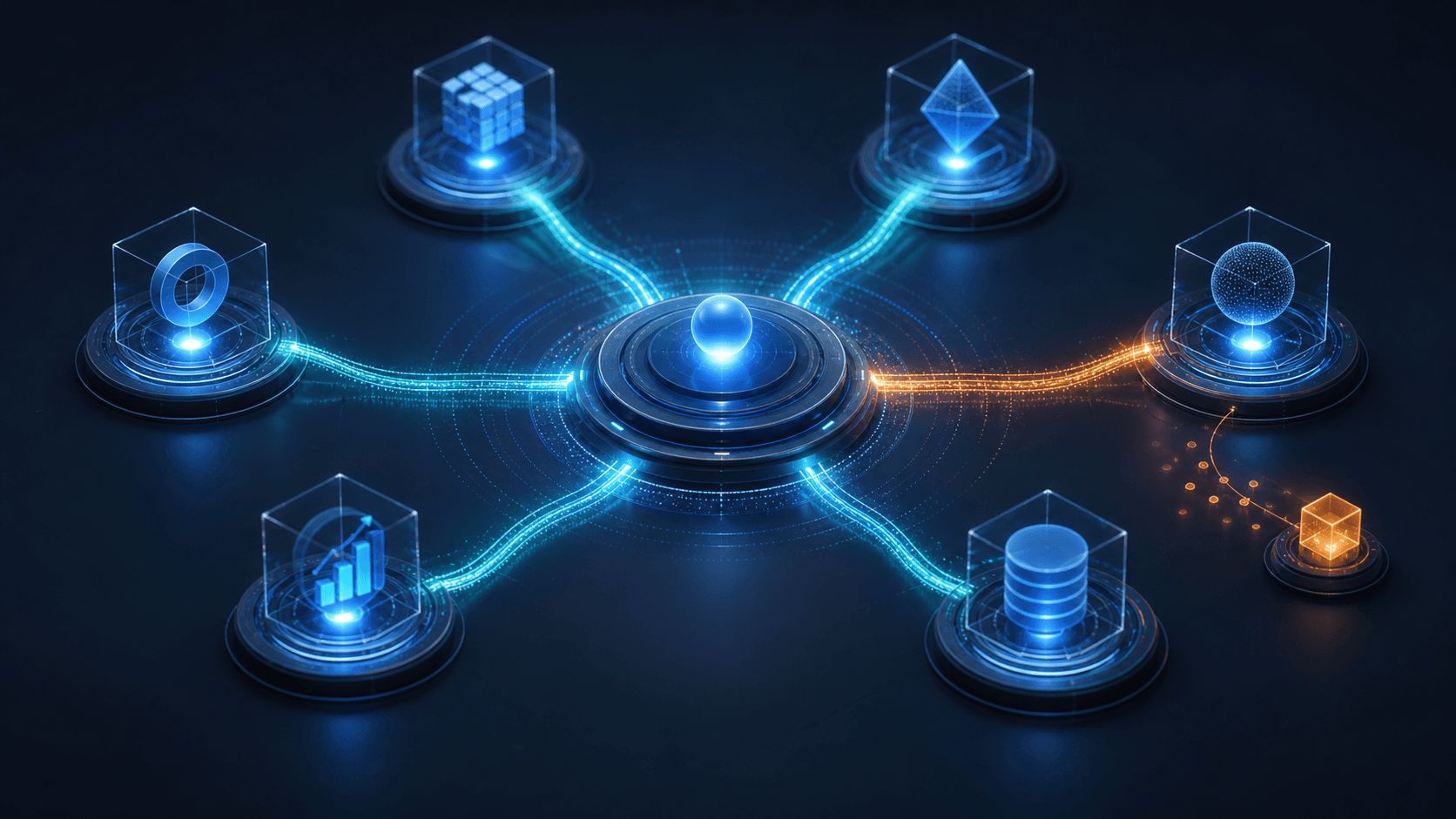 A central orchestration core coordinating several specialized modules.