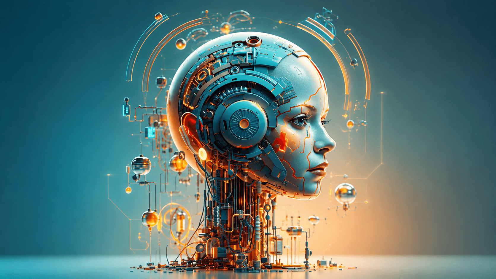 A detailed AI figure surrounded by connected technical components.