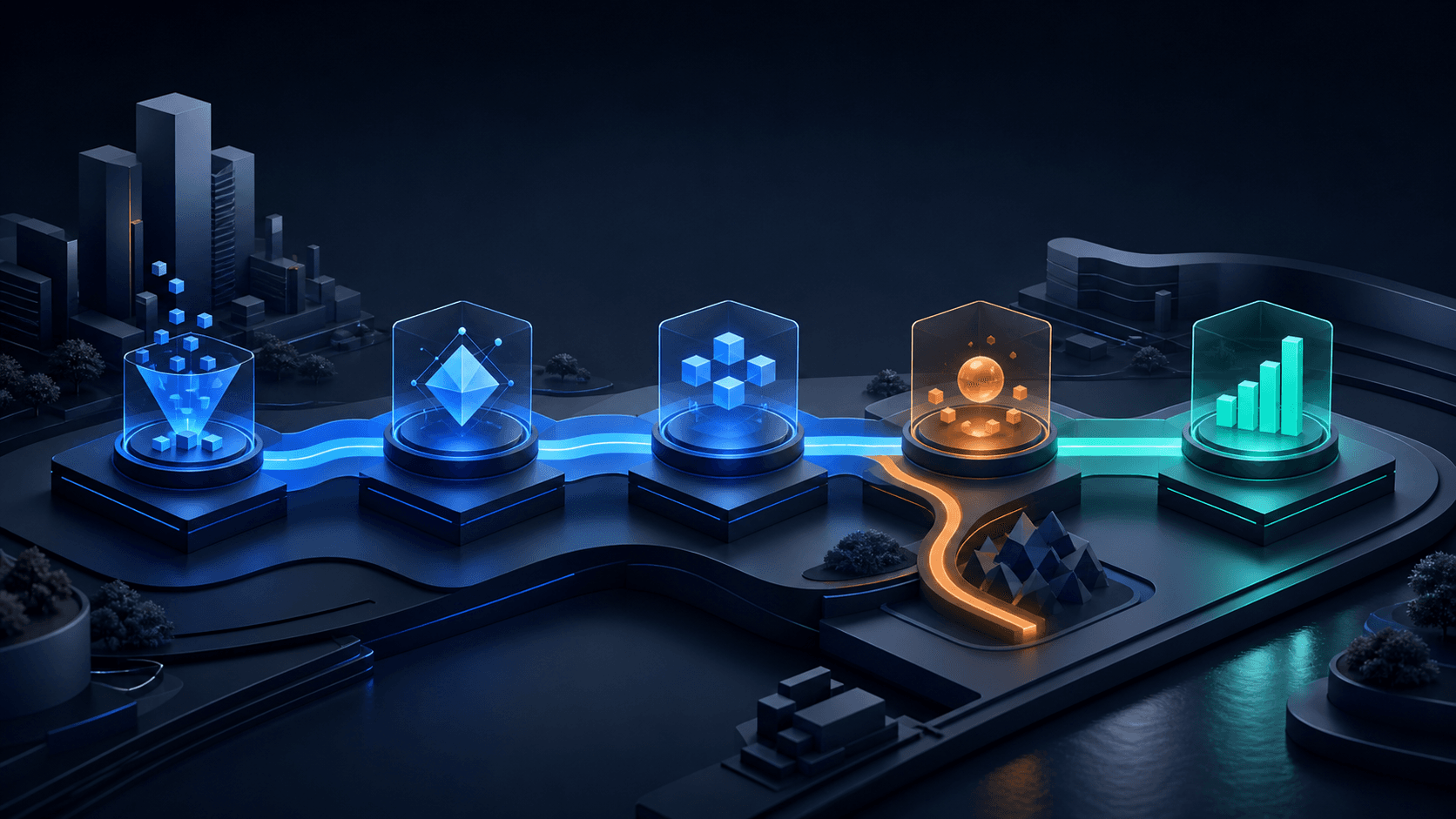 A five-stage automation path moving through an abstract enterprise landscape.