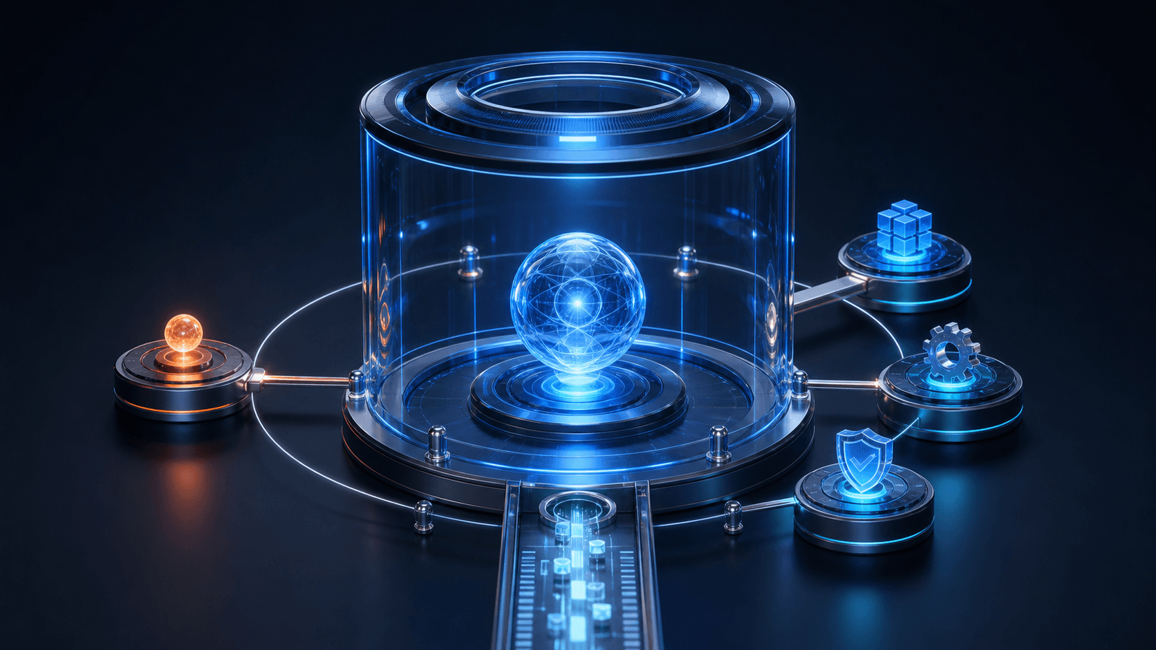 A luminous AI core operating inside a transparent, bounded system.