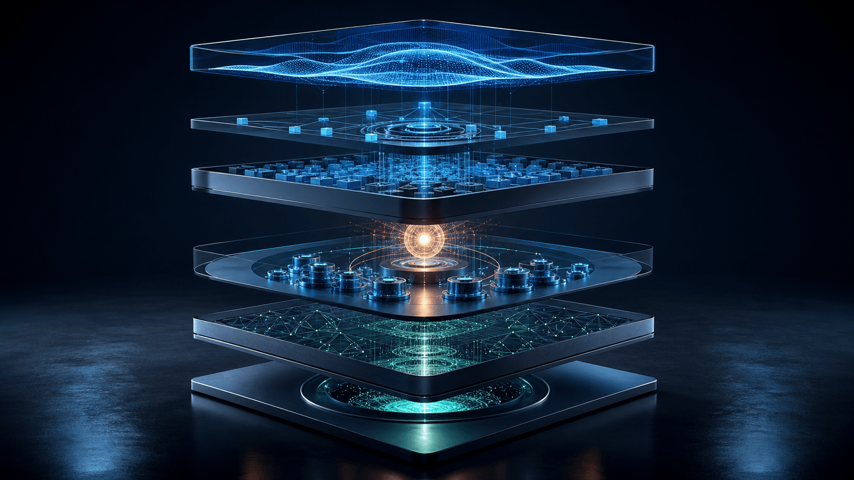 An exploded seven-layer architecture forming a stable AI agent system.