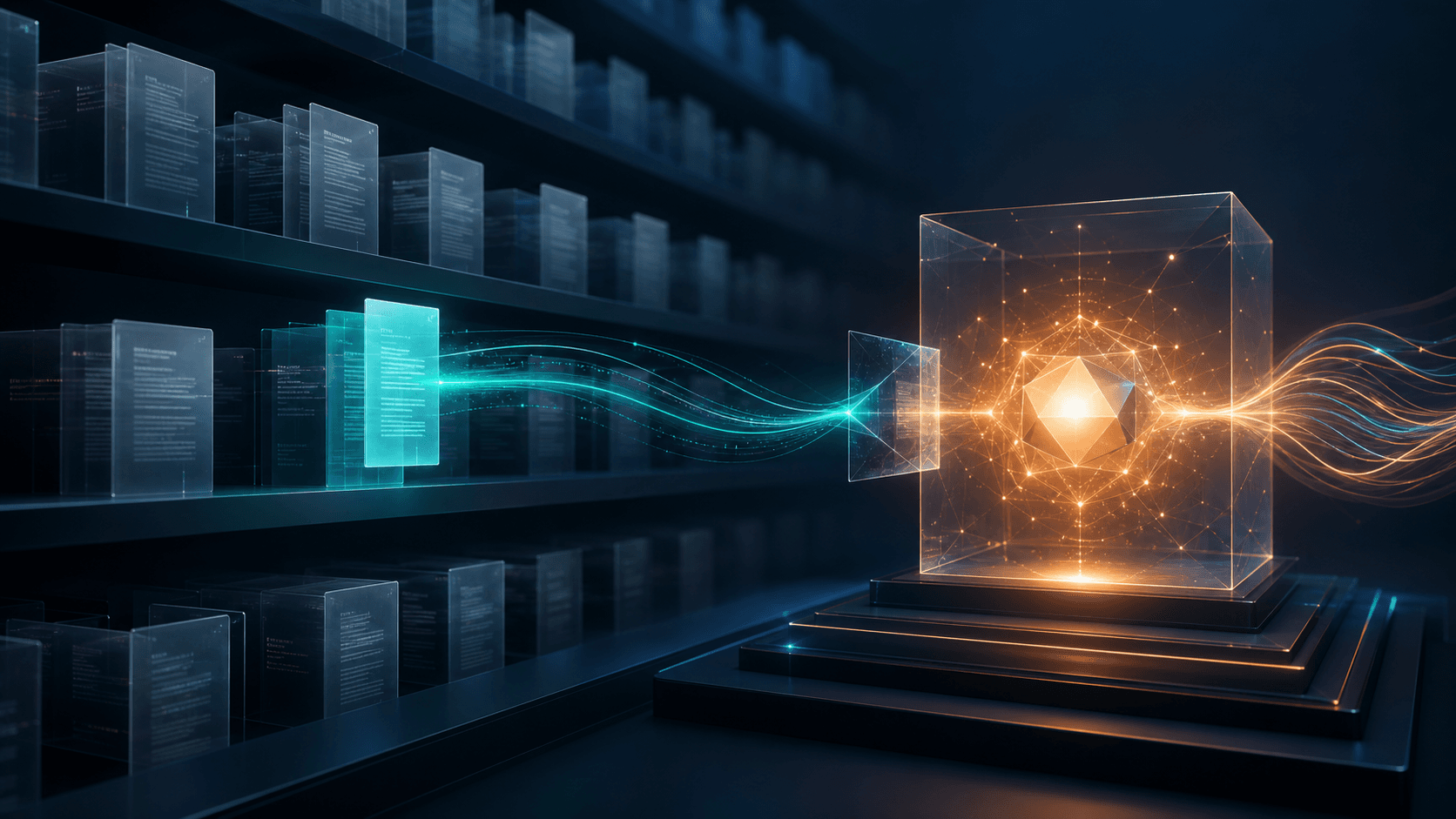 Selected business knowledge flowing from a document library into an AI core.
